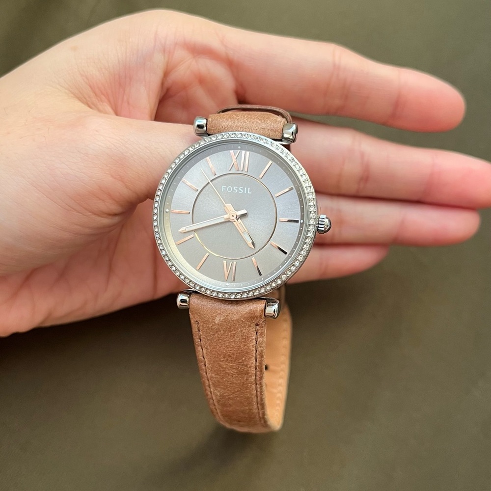 Fossil Brown Real Genuine Leather Cubic Zirconia Stylish Watch Silver Case